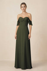 Off-the-Shoulder A-Line Chiffon Ruched Bridesmaid Dress in Olive | KISSBRIDAL