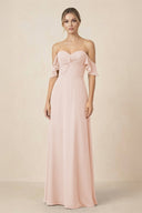 Off-the-Shoulder A-Line Chiffon Ruched Bridesmaid Dress in Pale Blush - SHE IS ME BRIDESMAID DRESSES