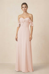 Off-the-Shoulder A-Line Chiffon Ruched Bridesmaid Dress in Pale Blush - KISS BRIDAL BRIDESMAID DRESSES