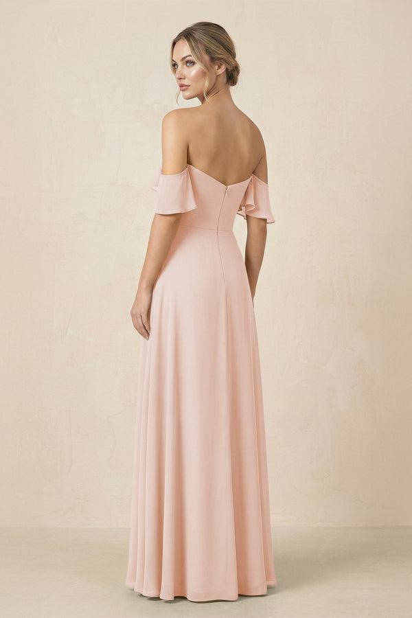 Off-the-Shoulder A-Line Chiffon Ruched Bridesmaid Dress in Pale Blush - SHE IS ME BRIDESMAID DRESSES