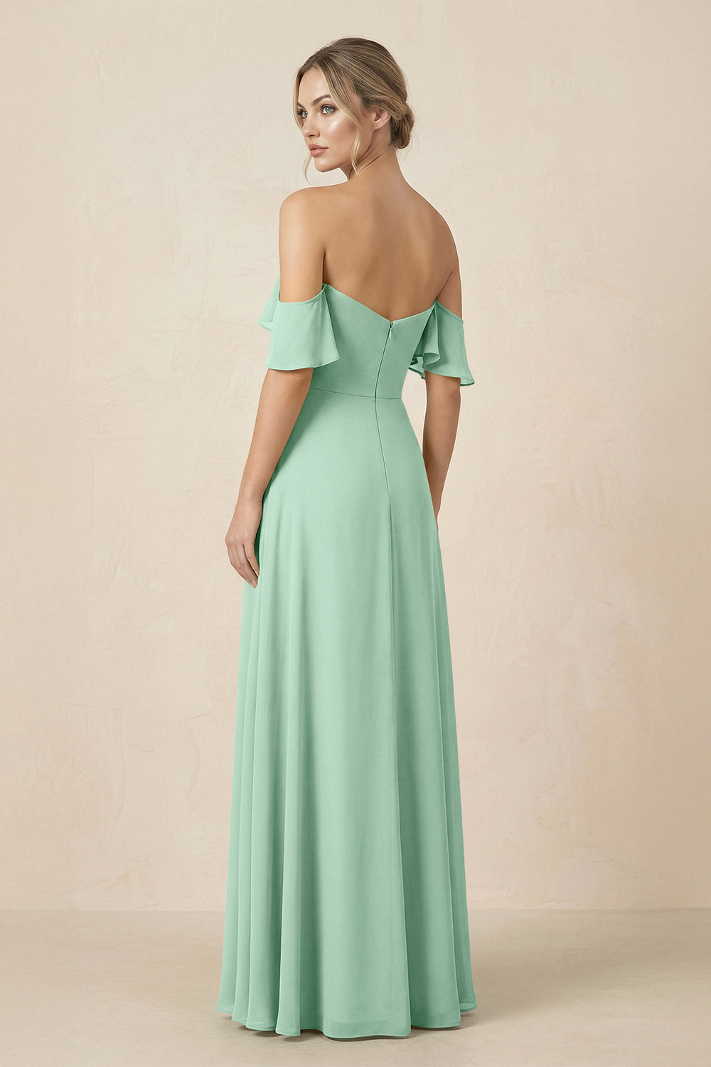 Off-the-Shoulder A-Line Chiffon Ruched Bridesmaid Dress in Pale Pistachio