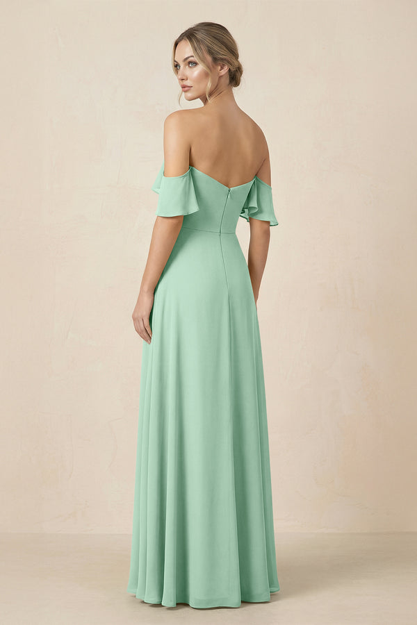 Off-the-Shoulder A-Line Chiffon Ruched Bridesmaid Dress in Pale Pistachio (2) | KISSBRIDAL