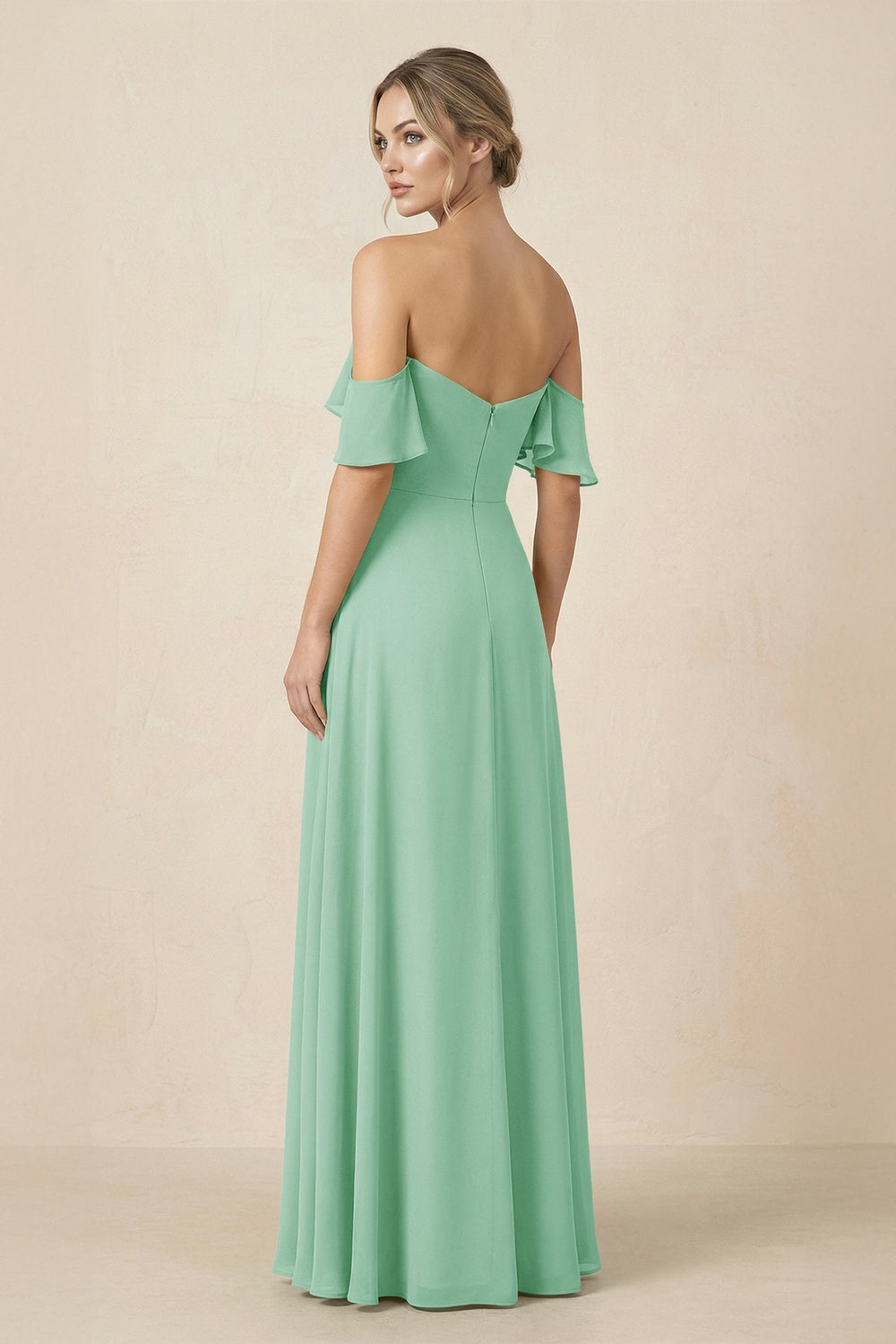 Off-the-Shoulder A-Line Chiffon Ruched Bridesmaid Dress in Pale Pistachio - KISS BRIDAL BRIDESMAID DRESSES
