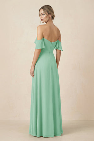 Off-the-Shoulder A-Line Chiffon Ruched Bridesmaid Dress in Pale Pistachio - SHE IS ME BRIDESMAID DRESSES