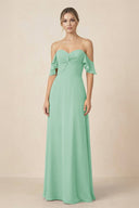 Off-the-Shoulder A-Line Chiffon Ruched Bridesmaid Dress in Pale Pistachio - SHE IS ME BRIDESMAID DRESSES