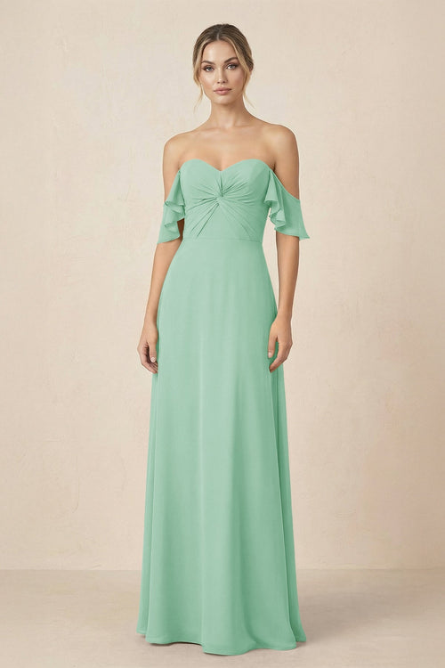 Off-the-Shoulder A-Line Chiffon Ruched Bridesmaid Dress in Pale Pistachio - SHE IS ME BRIDESMAID DRESSES