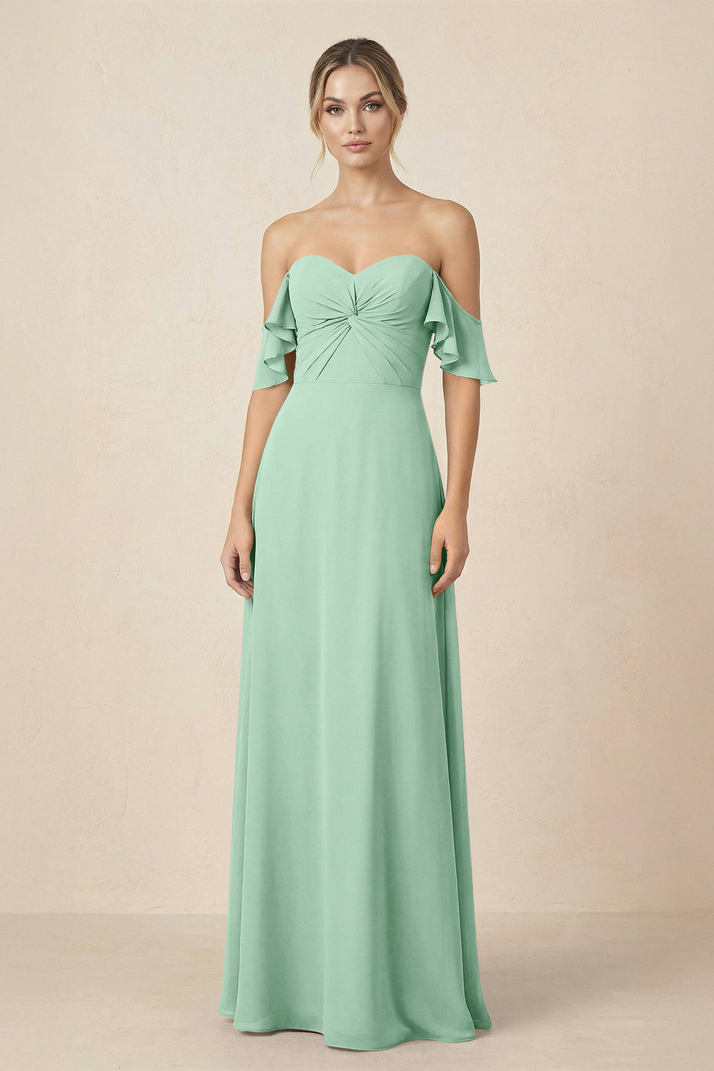 Off-the-Shoulder A-Line Chiffon Ruched Bridesmaid Dress in Pale Pistachio