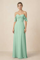 Off-the-Shoulder A-Line Chiffon Ruched Bridesmaid Dress in Pale Pistachio | KISSBRIDAL