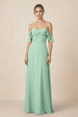 Off-the-Shoulder A-Line Chiffon Ruched Bridesmaid Dress in Pale Pistachio | KISSBRIDAL