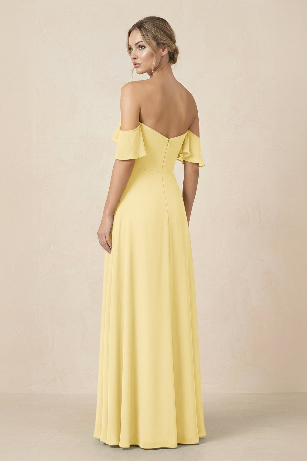 Off-the-Shoulder A-Line Chiffon Ruched Bridesmaid Dress in Pastel Yellow - KISS BRIDAL BRIDESMAID DRESSES