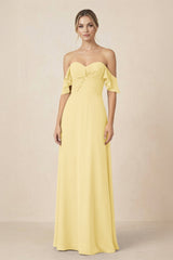Off-the-Shoulder A-Line Chiffon Ruched Bridesmaid Dress in Pastel Yellow - KISS BRIDAL BRIDESMAID DRESSES