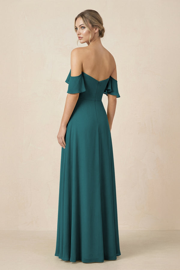 Off-the-Shoulder A-Line Chiffon Ruched Bridesmaid Dress in Pine - SHE IS ME BRIDESMAID DRESSES