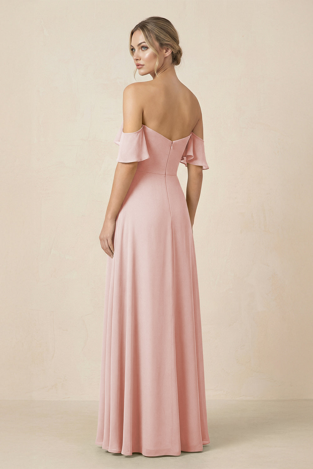 Off-the-Shoulder A-Line Chiffon Ruched Bridesmaid Dress in Rose Petal