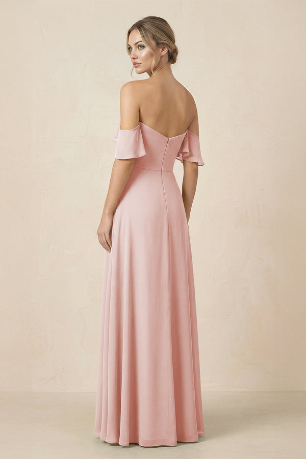 Off-the-Shoulder A-Line Chiffon Ruched Bridesmaid Dress in Rose Petal (2) | KISSBRIDAL