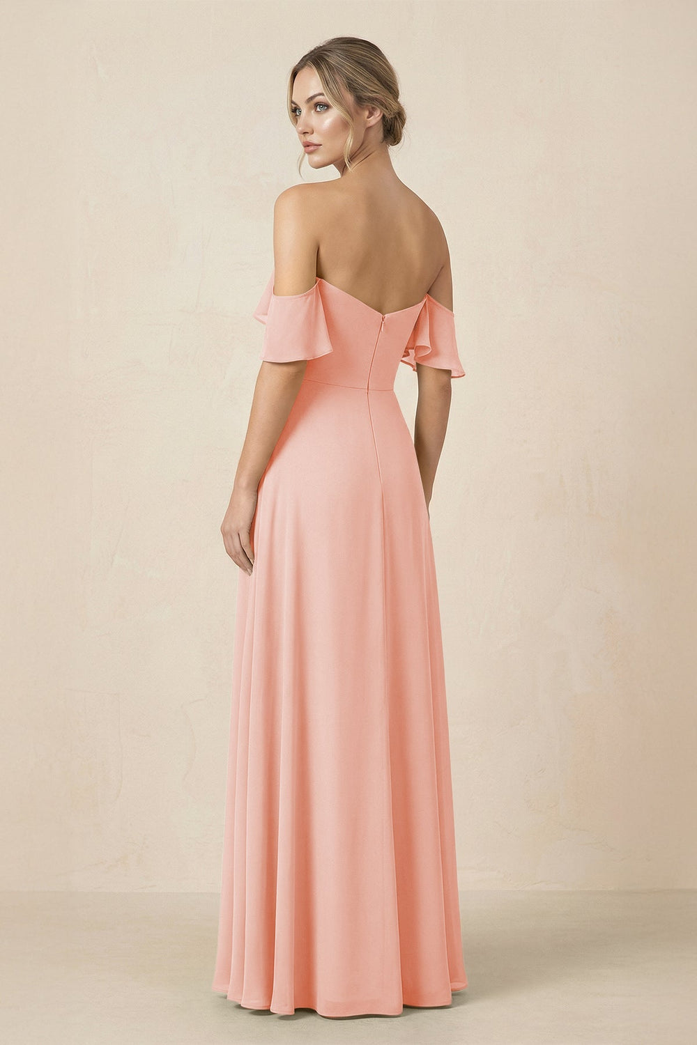 Off-the-Shoulder A-Line Chiffon Ruched Bridesmaid Dress in Rose Petal - KISS BRIDAL BRIDESMAID DRESSES