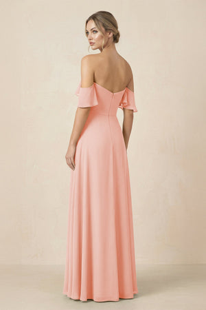Off-the-Shoulder A-Line Chiffon Ruched Bridesmaid Dress in Rose Petal - SHE IS ME BRIDESMAID DRESSES