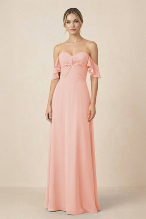 Off-the-Shoulder A-Line Chiffon Ruched Bridesmaid Dress in Rose Petal - SHE IS ME BRIDESMAID DRESSES