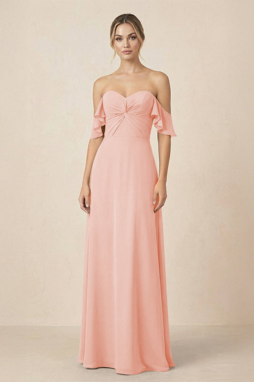 Off-the-Shoulder A-Line Chiffon Ruched Bridesmaid Dress in Rose Petal - SHE IS ME BRIDESMAID DRESSES