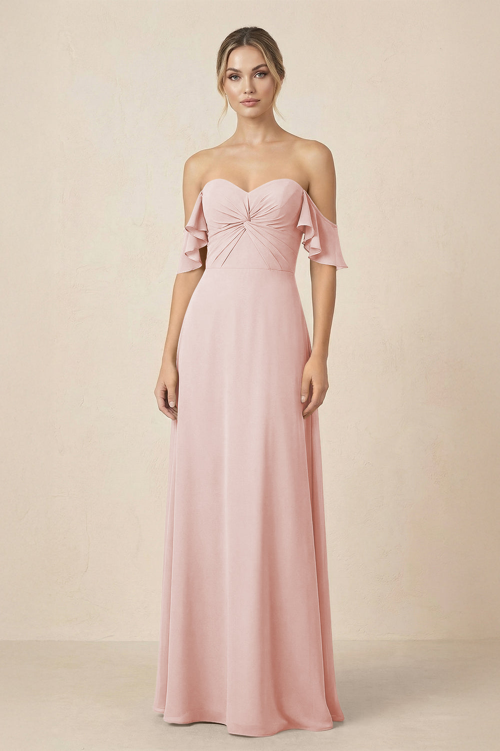 Off-the-Shoulder A-Line Chiffon Ruched Bridesmaid Dress in Rose Petal