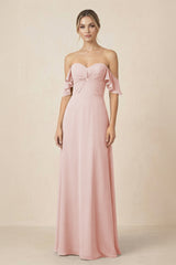 Off-the-Shoulder A-Line Chiffon Ruched Bridesmaid Dress in Rose Petal | KISSBRIDAL