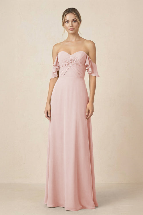 Off-the-Shoulder A-Line Chiffon Ruched Bridesmaid Dress in Rose Petal | KISSBRIDAL