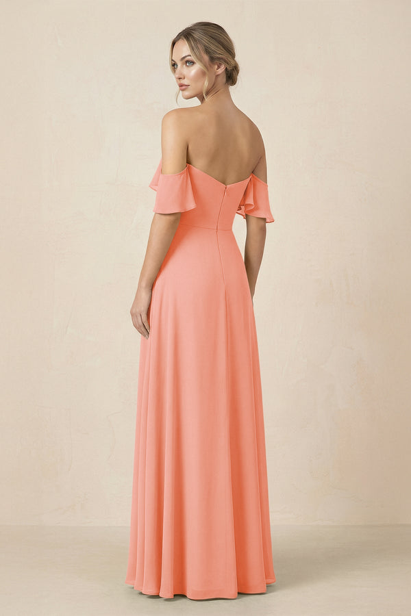 Off-the-Shoulder A-Line Chiffon Ruched Bridesmaid Dress in Rosette - SHE IS ME BRIDESMAID DRESSES