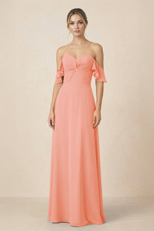 Off-the-Shoulder A-Line Chiffon Ruched Bridesmaid Dress in Rosette - SHE IS ME BRIDESMAID DRESSES