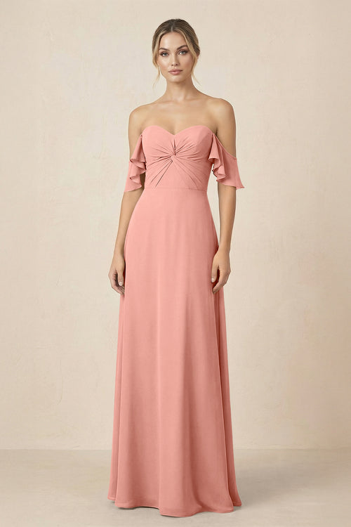 Off-the-Shoulder A-Line Chiffon Ruched Bridesmaid Dress in Rosette | KISSBRIDAL