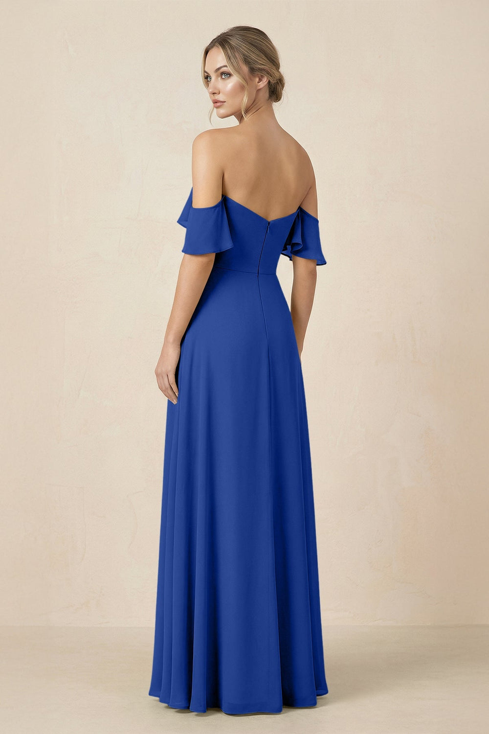 Off-the-Shoulder A-Line Chiffon Ruched Bridesmaid Dress in Royal Blue - KISS BRIDAL BRIDESMAID DRESSES