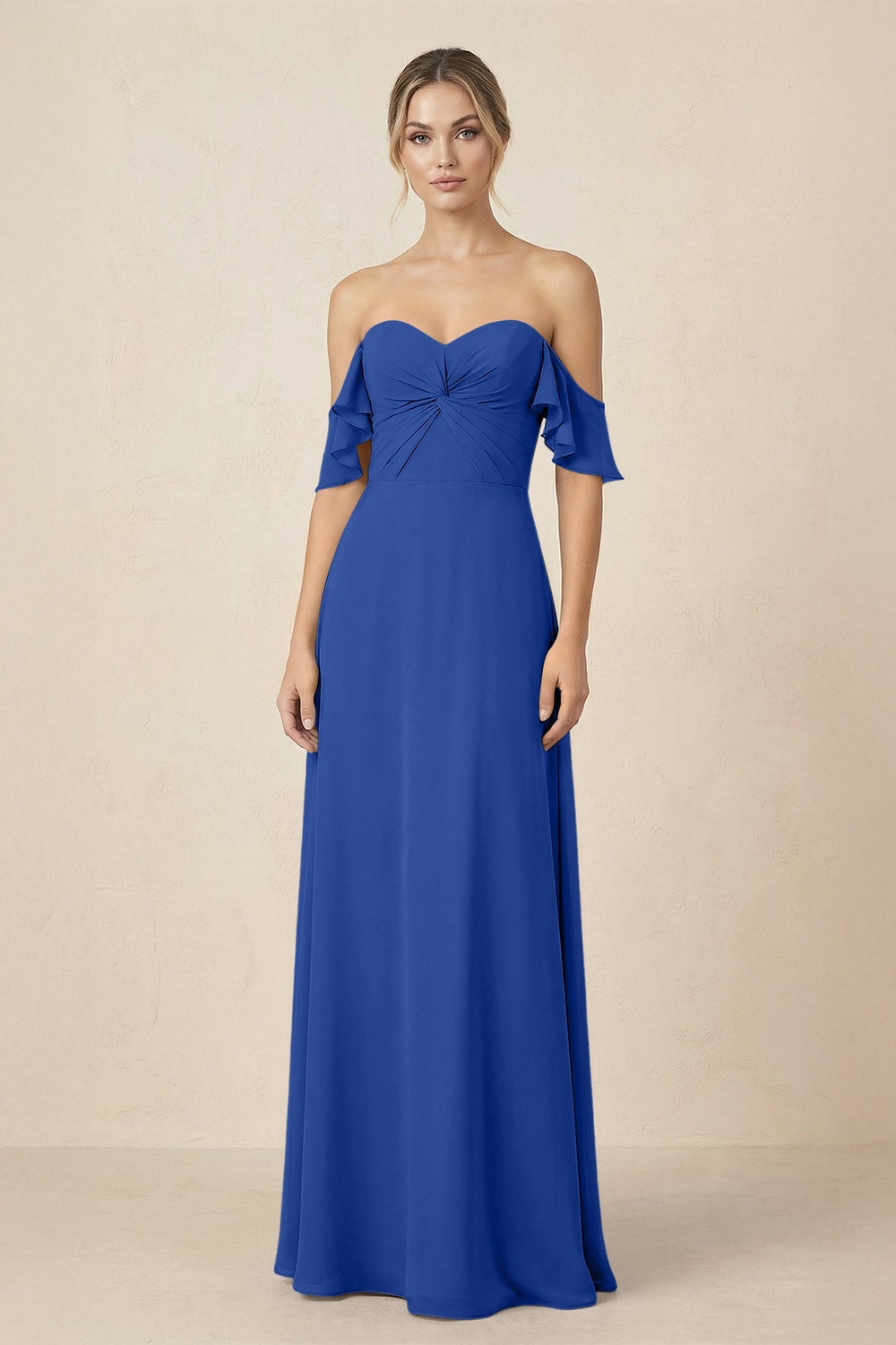 Off-the-Shoulder A-Line Chiffon Ruched Bridesmaid Dress in Royal Blue - KISS BRIDAL BRIDESMAID DRESSES