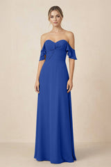 Off-the-Shoulder A-Line Chiffon Ruched Bridesmaid Dress in Royal Blue - KISS BRIDAL BRIDESMAID DRESSES