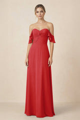 Off-the-Shoulder A-Line Chiffon Ruched Bridesmaid Dress in Ruby Red - KISS BRIDAL BRIDESMAID DRESSES