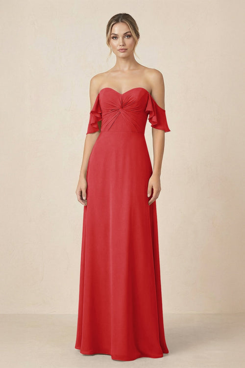 Off-the-Shoulder A-Line Chiffon Ruched Bridesmaid Dress in Ruby Red - SHE IS ME BRIDESMAID DRESSES