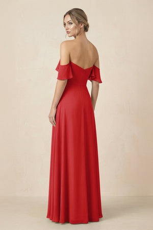 Off-the-Shoulder A-Line Chiffon Ruched Bridesmaid Dress in Ruby Red - SHE IS ME BRIDESMAID DRESSES