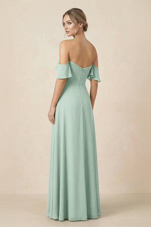 Off-the-Shoulder A-Line Chiffon Ruched Bridesmaid Dress in Sage (2) | KISSBRIDAL