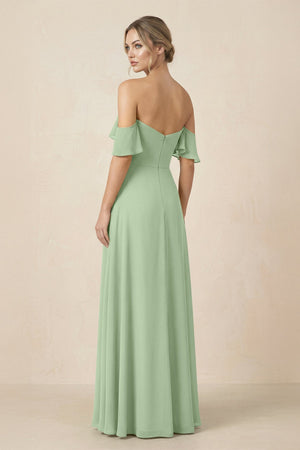 Off-the-Shoulder A-Line Chiffon Ruched Bridesmaid Dress in Sage - SHE IS ME BRIDESMAID DRESSES