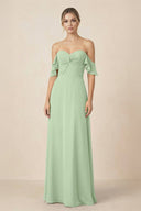 Off-the-Shoulder A-Line Chiffon Ruched Bridesmaid Dress in Sage - SHE IS ME BRIDESMAID DRESSES