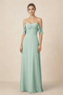 Off-the-Shoulder A-Line Chiffon Ruched Bridesmaid Dress in Sage | KISSBRIDAL