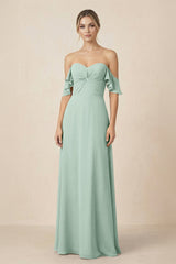 Off-the-Shoulder A-Line Chiffon Ruched Bridesmaid Dress in Sage | KISSBRIDAL