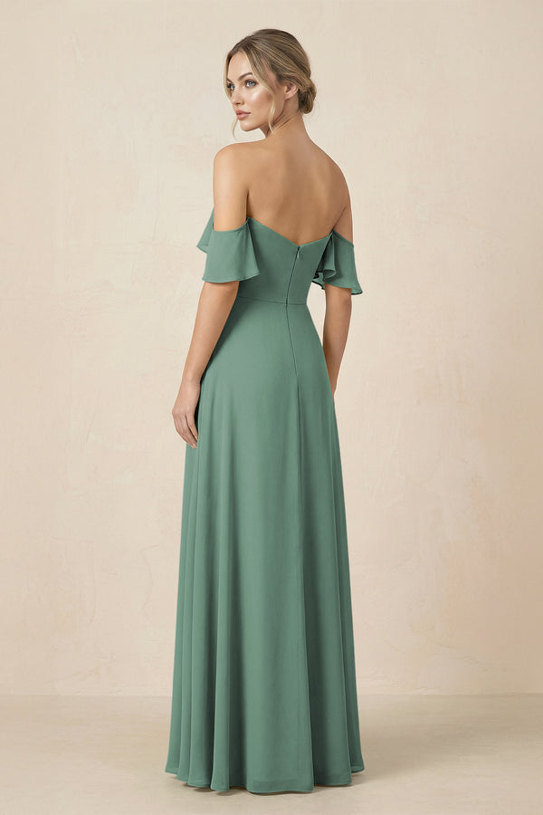 Off-the-Shoulder A-Line Chiffon Ruched Bridesmaid Dress in Sea Glass (2) | KISSBRIDAL