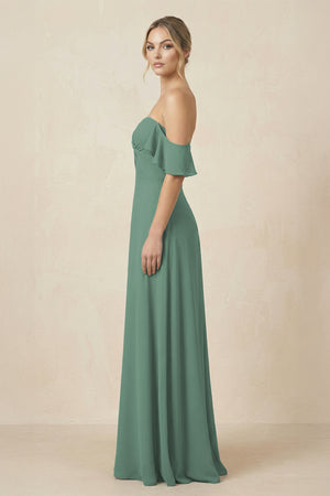 Off-the-Shoulder A-Line Chiffon Ruched Bridesmaid Dress in Sea Glass (3) | KISSBRIDAL