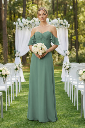 Off-the-Shoulder A-Line Chiffon Ruched Bridesmaid Dress in Sea Glass (4) | KISSBRIDAL
