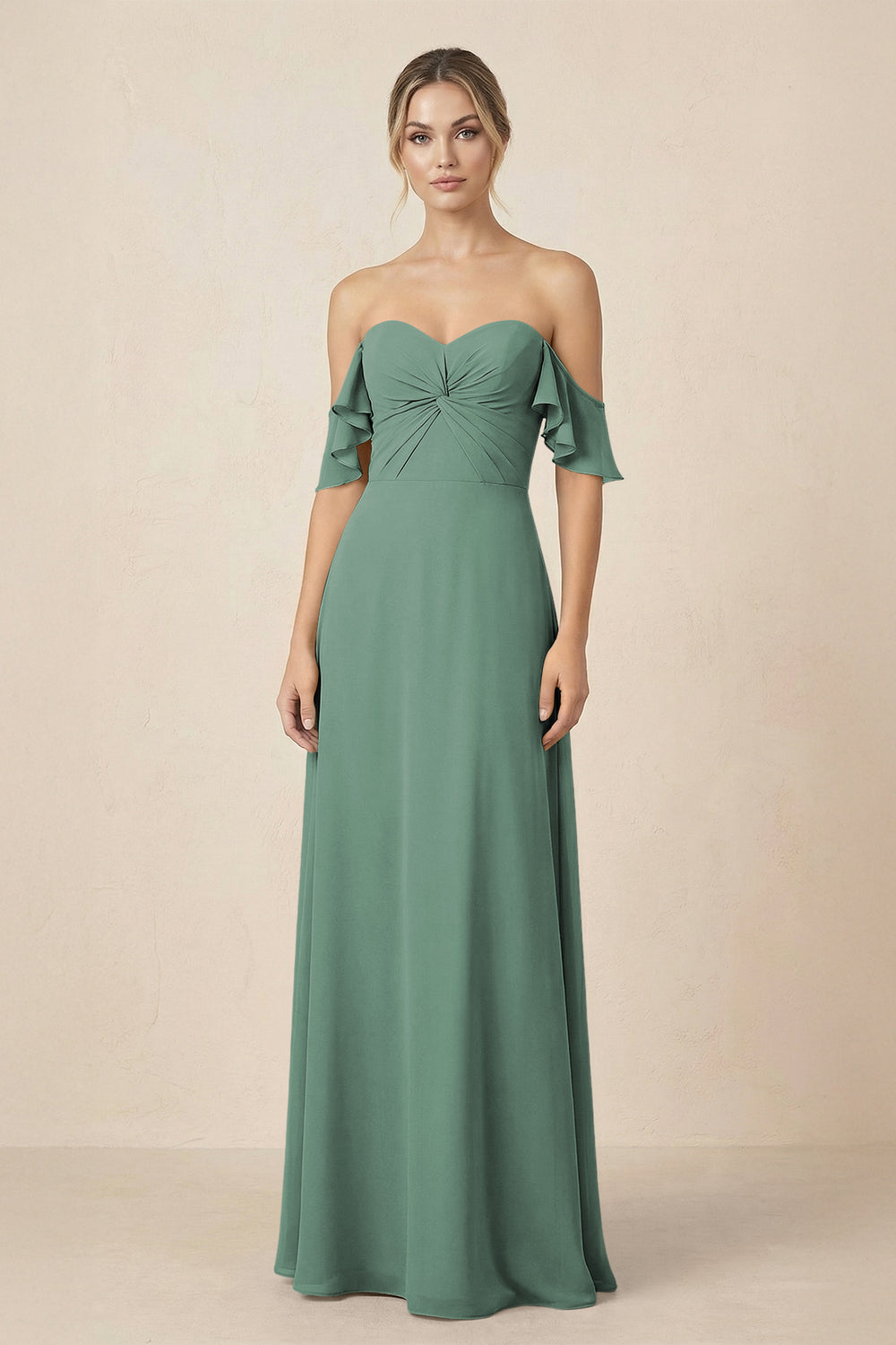 Off-the-Shoulder A-Line Chiffon Ruched Bridesmaid Dress in Sea Glass