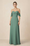 Off-the-Shoulder A-Line Chiffon Ruched Bridesmaid Dress in Sea Glass | KISSBRIDAL