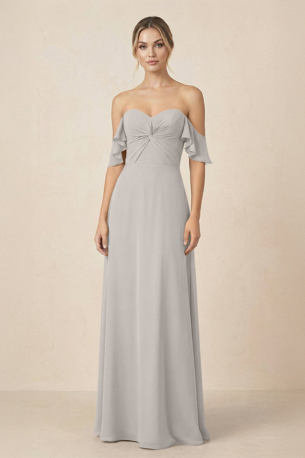 Off-the-Shoulder A-Line Chiffon Ruched Bridesmaid Dress in Silver - KISS BRIDAL BRIDESMAID DRESSES
