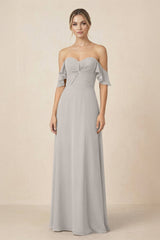 Off-the-Shoulder A-Line Chiffon Ruched Bridesmaid Dress in Silver - KISS BRIDAL BRIDESMAID DRESSES