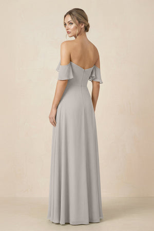 Off-the-Shoulder A-Line Chiffon Ruched Bridesmaid Dress in Silver - SHE IS ME BRIDESMAID DRESSES