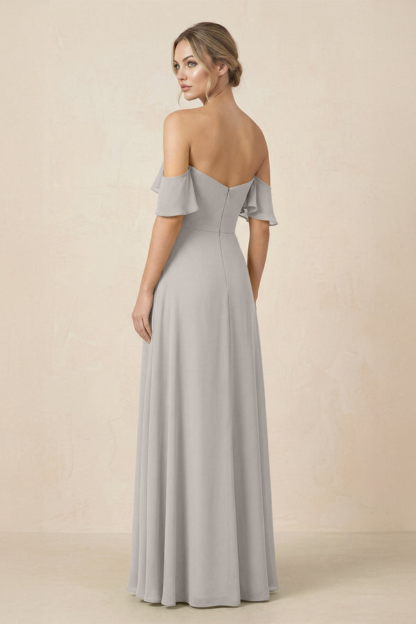 Off-the-Shoulder A-Line Chiffon Ruched Bridesmaid Dress in Silver - SHE IS ME BRIDESMAID DRESSES
