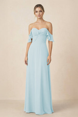 Off-the-Shoulder A-Line Chiffon Ruched Bridesmaid Dress in Sky Blue - SHE IS ME BRIDESMAID DRESSES