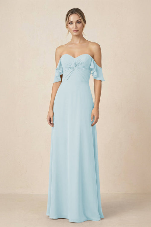 Off-the-Shoulder A-Line Chiffon Ruched Bridesmaid Dress in Sky Blue - SHE IS ME BRIDESMAID DRESSES